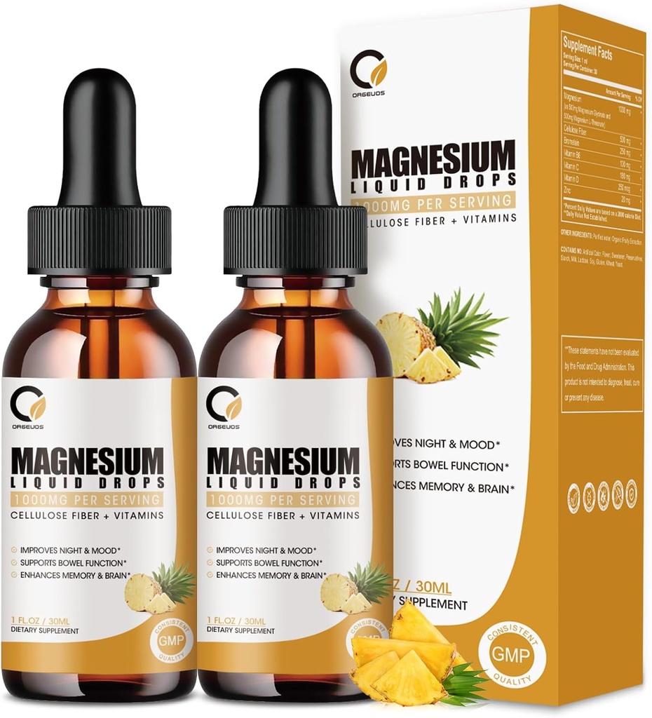 (2 Pack) Supplément de glycinate de magnésium gouttes liquides pour les femmes et les hommes, 1000mg haute absorption avec le bromélain, vitamine C, B6, D, zinc, pour le repos musculaire, énergie Bowel, goût d'ananas