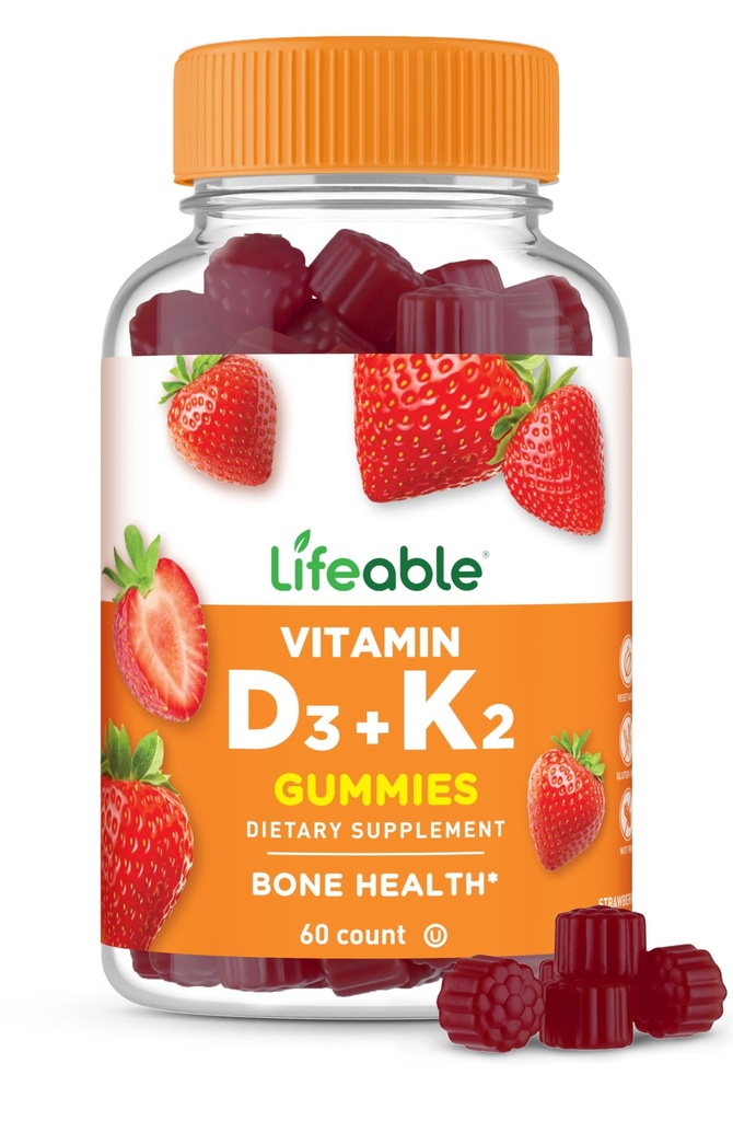 Lifeable Vitamin D3 K2 Gummies for Adults | 1000iu D3 and K2 100mcg | Great Tasting D3 and K2 Supplements | for Immune Support | VIT D3 K2 for Adults, Men, and Women | 60 Gummies