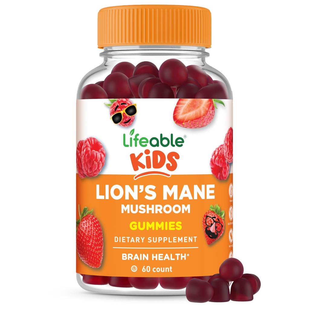 Lifeable Lions Mane Gummies for Kids | Great Tasting Lions Mane Mushroom Supplement | Vegan, Kosher, Non-GMO Kids Mushroom Gummies | Brain Support | 60 Count