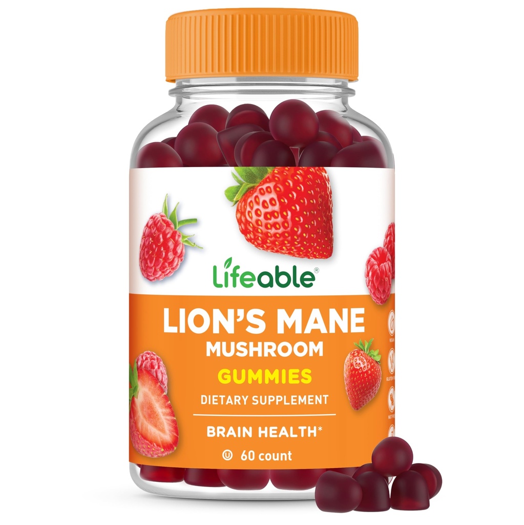 Lifeable Lions Mane Gummies for Adults | Great Tasting Lions Mane Mushroom Extract | Vegan, Kosher, Non-GMO Mushroom Gummies | Brain Support Supplement | 60 Count