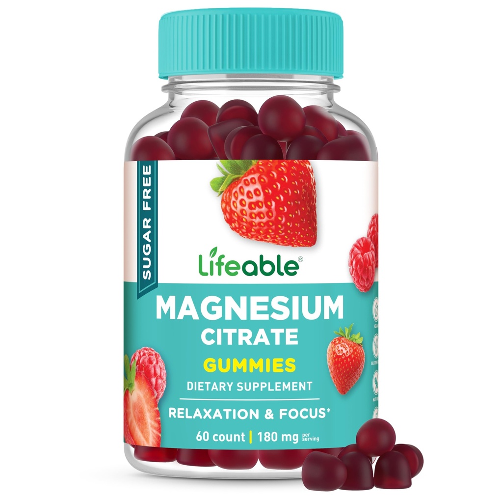 Lifeable Magnesium Citrate Gummies Sugar Free | Great Tasting Magnesium Supplement Gummies for Adults | Vegan, Non GMO Magnesium Gummy | for Men & Women | for Muscle Relaxation | 60 Count