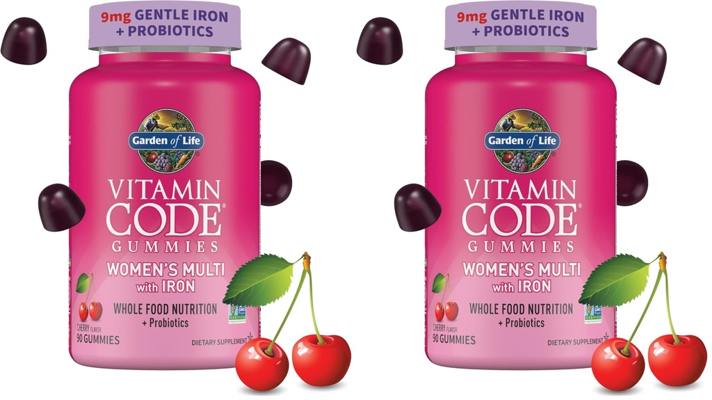Jardin de la vie Vitamine Code Femmes Multivitamine Gommy avec Fer: Folate, Biotine, D3 & B12 pour les cheveux, la peau, les ongles probiotiques pour la santé immunitaire, non-OGM, sans gluten, 90 Gommies de cerise (paquet de 2)