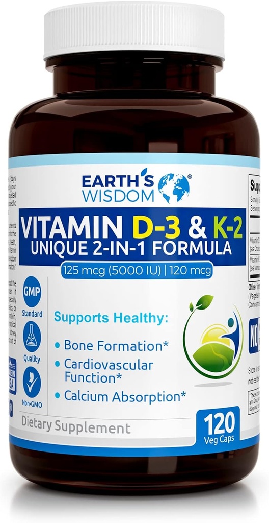 Sagesse de la Terre Vitamine D3 5000 UI avec K2 (MK7) Formule. Soutien musculaire, os, coeur et immunitaire. Absorption supérieure. 120 gélules. Exemptes de gluten, de lait, de soja. Fabriqué aux États-Unis.