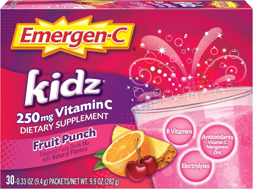 Emergen-C Kidz 250mg Poudre de vitamine C pour enfants, sans caféine, boisson de soutien immune mélange, parfum de punch de fruits - 30 comte/1 mois d'approvisionnement