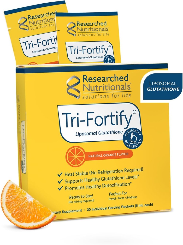 Researched Nutritionals Liposomal Glutathione (450mg) Liquid Gel + Vitamin C - Tri-Fortify - Aid Natural Energy, Immune Support & Detox - Clinically Researched for Absorption, Orange (20 Packets)
