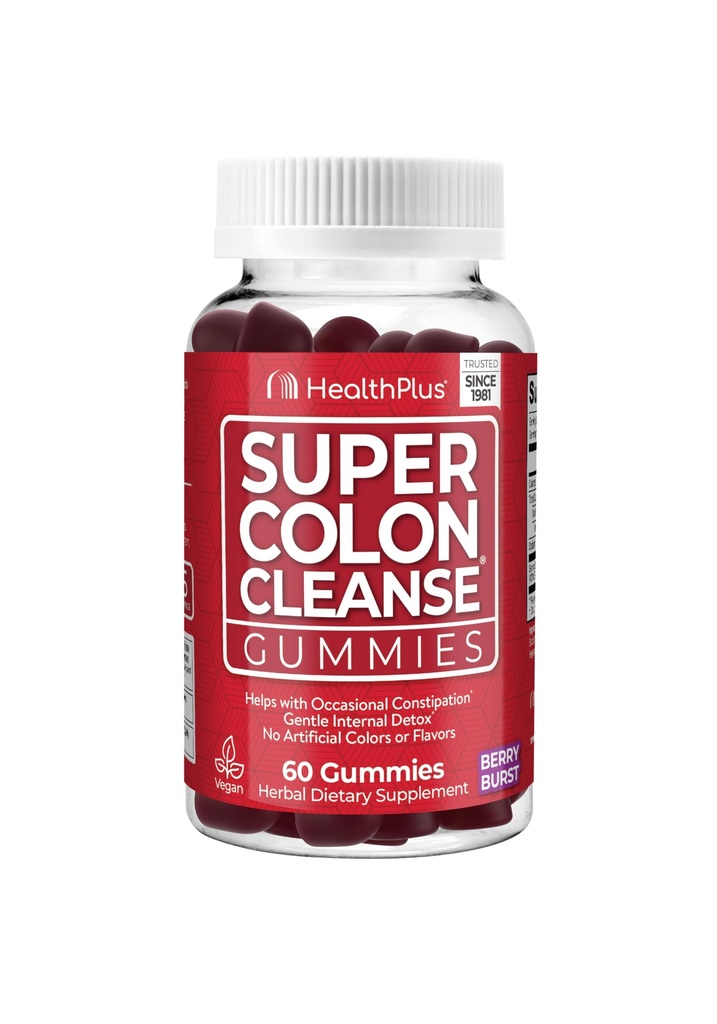 Health Plus Super Colon Cleanse Gummies Dietary Supplement, Gentle Relief from Occasional Constipation, Natural Senna Leaf Extract, Mixed Berry Flavor, 60 Count, 15 Day Cleanse