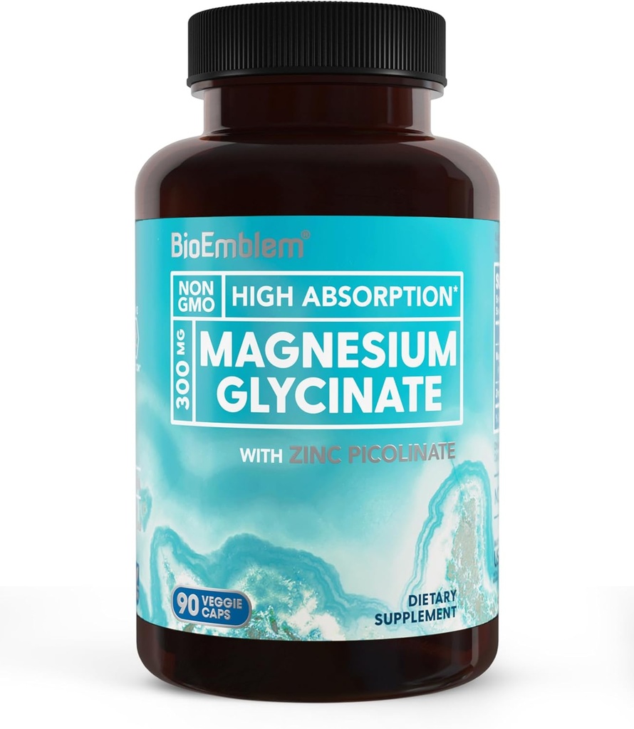 BioEmblem Magnesium Glycinate with Zinc - 300mg Chelated Magnesium Supplement - High Absorption Vegan Non-GMO 2-in-1 Complex - Immune Support, Muscles, Nerves - 90 Capsules