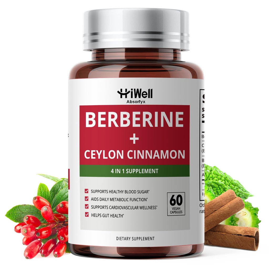 HiWell Absorfyx Berberine with Ceylon Cinnamon | Support Blood Sugar, Cholesterol Health & Immune* | Gluten-Free, Non-GMO & Vegan Berberine Supplement | 60 Capsules