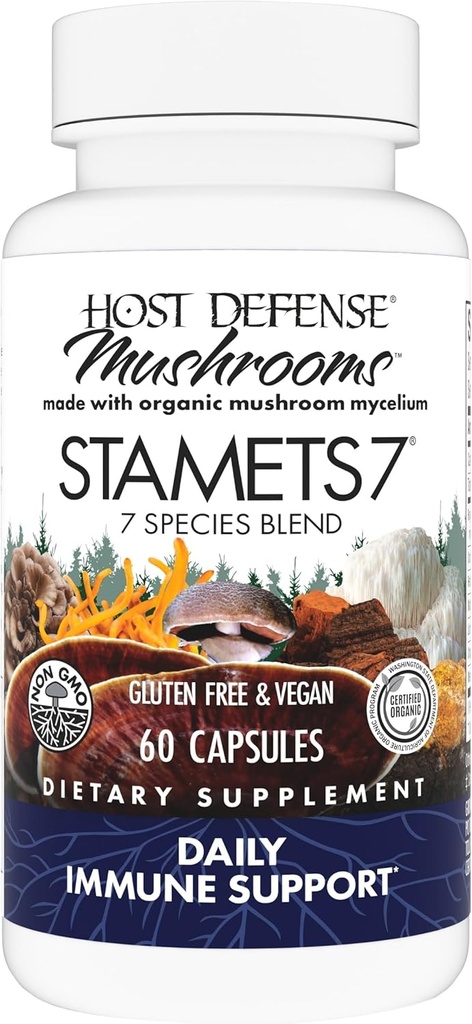 Stamets Host Defense 7-7 Species Blend - Supplément de champignons pour le soutien immunitaire - Comprend Royal Sun Blazei, Cordyceps, Reishi, Maitake, Lion's Mane, Chaga & Mesima - 60 capsules (30 portions)*