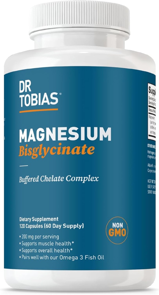 Dr Tobias Magnésium Bisglycinate, complexe de chélate tamponné de magnésium à haute absorption, 200 mg par gélule, soutient l'énergie, la santé musculaire, osseuse et articulaire, supplément de magnésium non OGM, 120 capsules