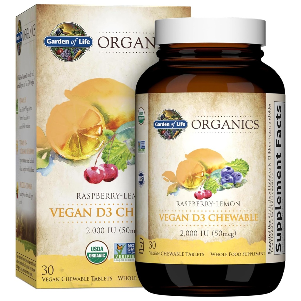 Garden of Life Organics Vegan Vitamin D3 Chewable - Raspberry Lemon, 2,000 IU (50mcg) Whole Food Vitamin D3 from Lichen Plus Food & Mushroom Blend, Gluten Free, 30 Chewable Tablets