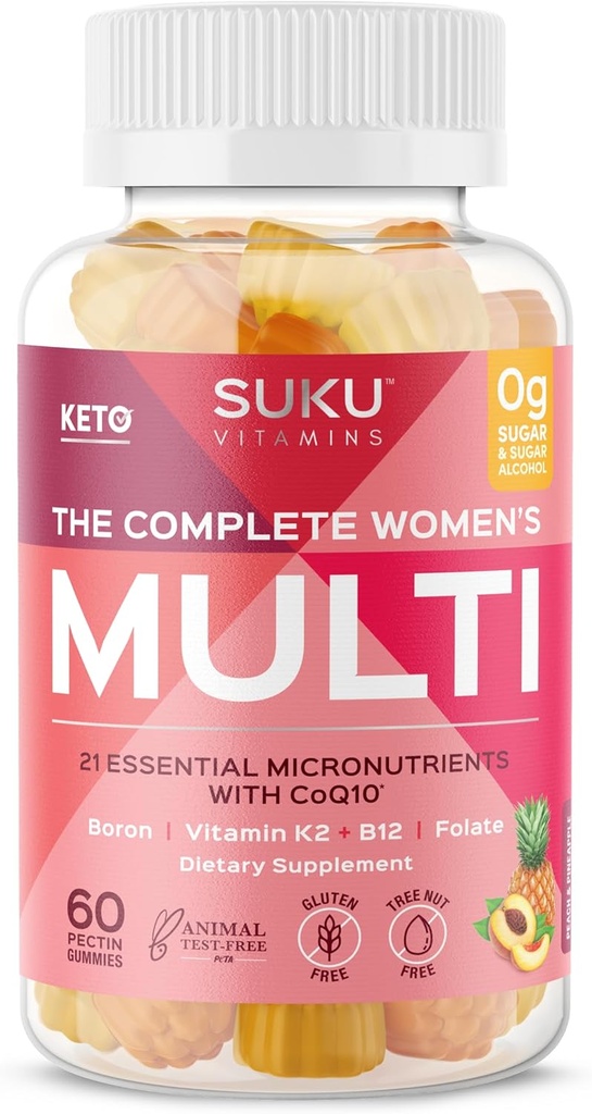 Vitamines SUKU - Multi femme complète - avec Boron, vitamine K2, B12, A et plus pour la santé des femmes - Facile à mâcher - Sans OGM, sans sucre de gluten - Vitamines Gummy aromatisées aux ananas et aux pêches, 60 Nombre