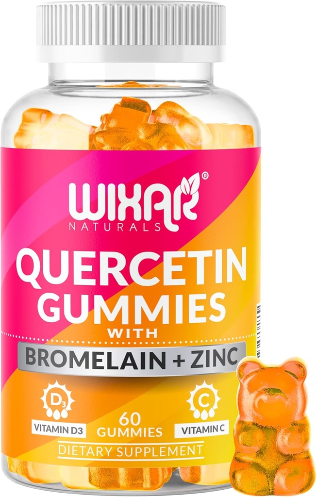 Gommies Quercetin - Quercetin 500mg avec Bromelain, Zinc, Vitamine C&D3 - Suppléments Gommy Quercetin pour le soutien immunitaire et l'allergie - Supplément Vitamines d'Immunity Booster – 60 Chewable