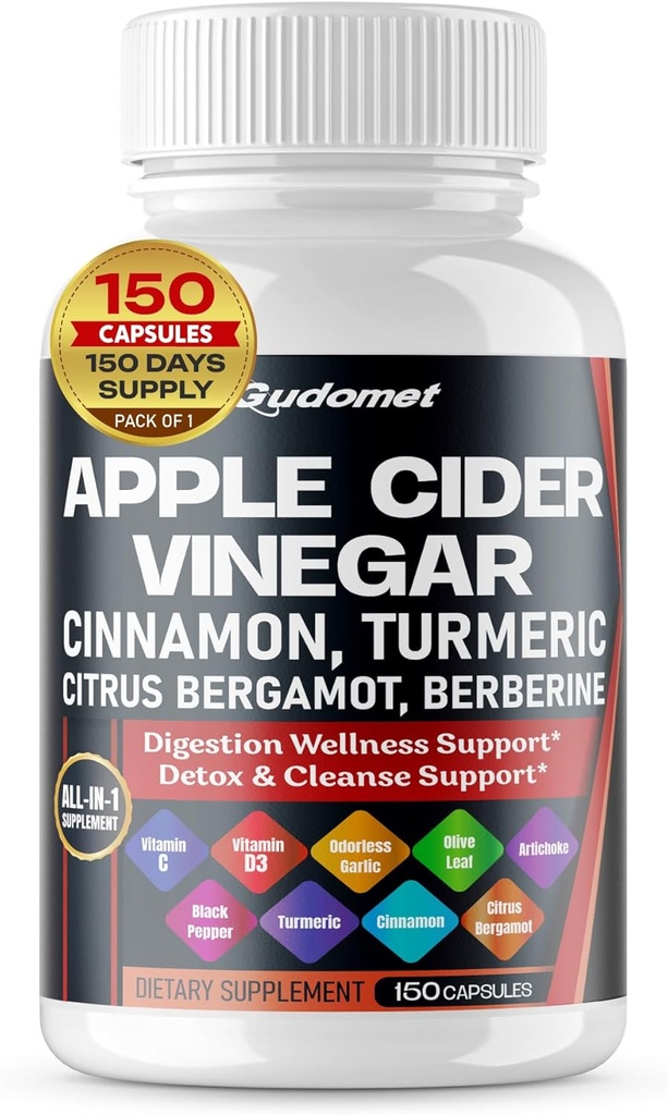Cider de pomme Vinegar Ceylan Cinnamon Turmeric Odorless Aile Feuille d'olive Artichaut noir Pepper -150 Capsules- Fabriqué aux États-Unis