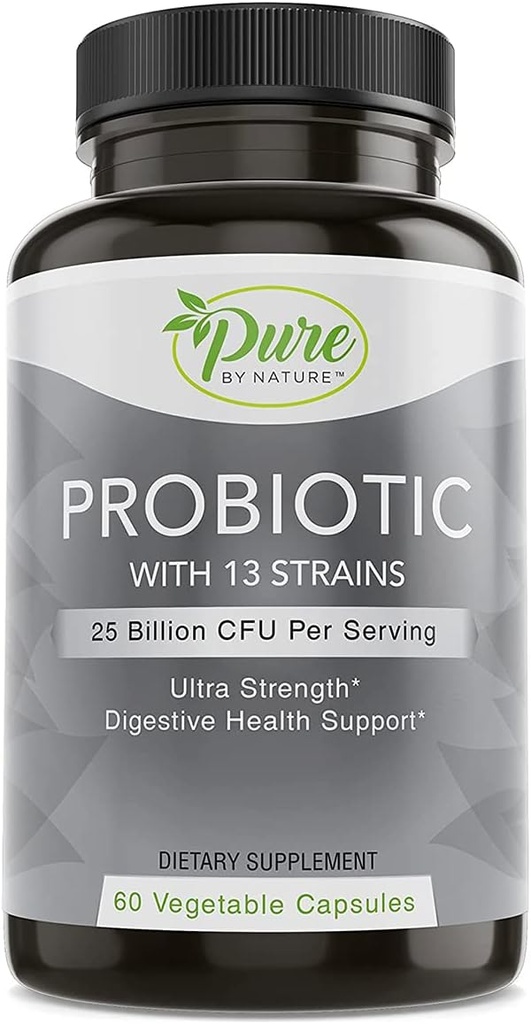 Probiotiques purs par nature pour les femmes et les hommes, 13 souches avec 25 Million CFU, Probiotiques pour la santé digestive, Gut Health, Immune Support, Bloating & Constipation, Vegan & Table-Stable, 60 Capsules