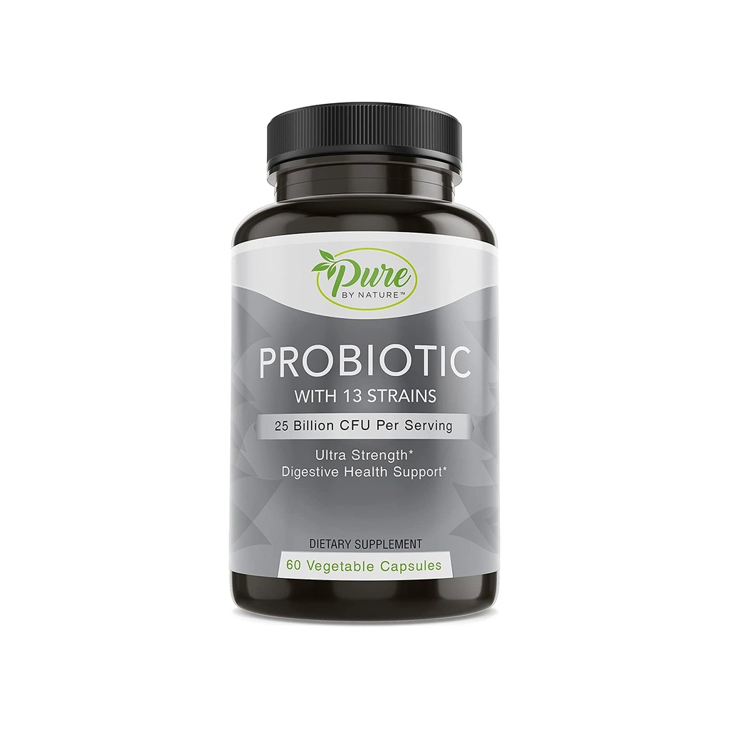 Probiotiques purs par nature pour les femmes et les hommes, 13 souches avec 25 Million CFU, Probiotiques pour la santé digestive, Gut Health, Immune Support, Bloating & Constipation, Vegan & Table-Stable, 60 Capsules