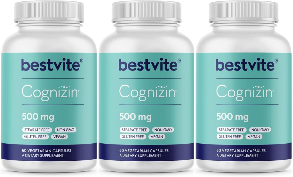 BESTVITE Cognizin Citicoline 500mg (180 Capsules végétariennes) (60x3) - Études cliniques Premium Choline Nootropic - Pas de stéarates - Vegan - Sans gluten - Suppléments Cerveau pour la Mémoire et la Focus