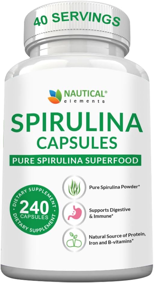 Spiruline Capsules 3000mg - 40 portions de Spiruline Organique Capsules - Riche en protéines, antioxydants et vitamines - 240 Poudre d'Espiruline Organique - Soutient la santé immunitaire et cardiovasculaire