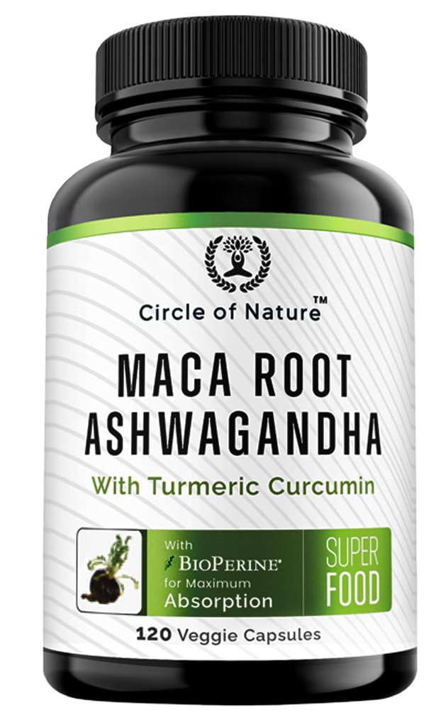 Maca Root, Ashwagandha Root Extract, Capsules pour hommes et femmes avec Curcumine curcumine et Bioperine 120 Capsules fabriqués aux États-Unis