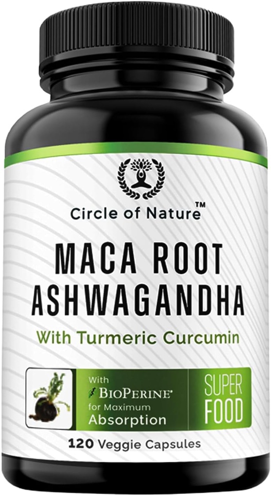 Maca Root, Ashwagandha Root Extract, Capsules pour hommes et femmes avec Curcumine curcumine et Bioperine 120 Capsules fabriqués aux États-Unis