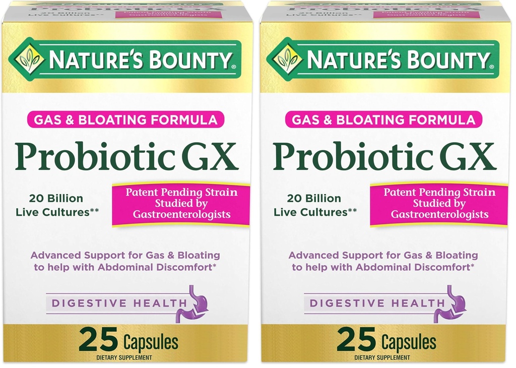 Bounty Probiotic GX de la nature, aide avec le gaz occasionnel et le gonflement, supplément alimentaire, santé digestive, 25 capsules (paquet de 2)