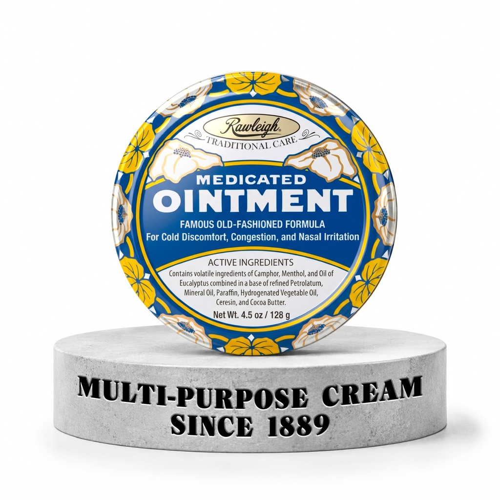 Rawleigh Onguent médicamenté: 4.5 oz Blue Tin, Adultes & Enfants: Rube topique de poitrine pour froid, congestion nasale, douleurs mineures et douleur, avec Camphor, Menthol & Eucalyptus, formule non grasse - Pack de 1