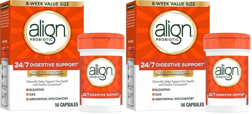 Aligner Probiotique, 24/7 Soutien digestif*§,Probiotiques pour les femmes et les hommes,Probiotiques pour la santé digestive, Capsules probiotiques pour les hommes et les femmes aident à soulager le gonflement occasionnel et le gaz*,56 Capsules,(Pack of 2)