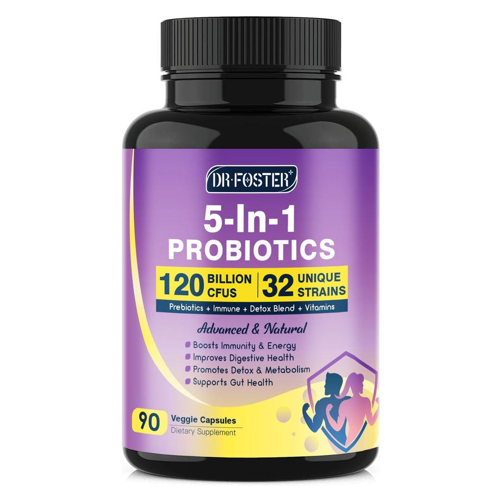 Probiotiques DRFOSTER pour les femmes et les hommes Santé digestive, 120 milliards d'UFC, prébiotiques et probiotiques pour la santé des Guts, D3, Zinc & Immunis Support Herbes, Detox Cleanse, 45 jours - 3 mois d'approvisionnement
