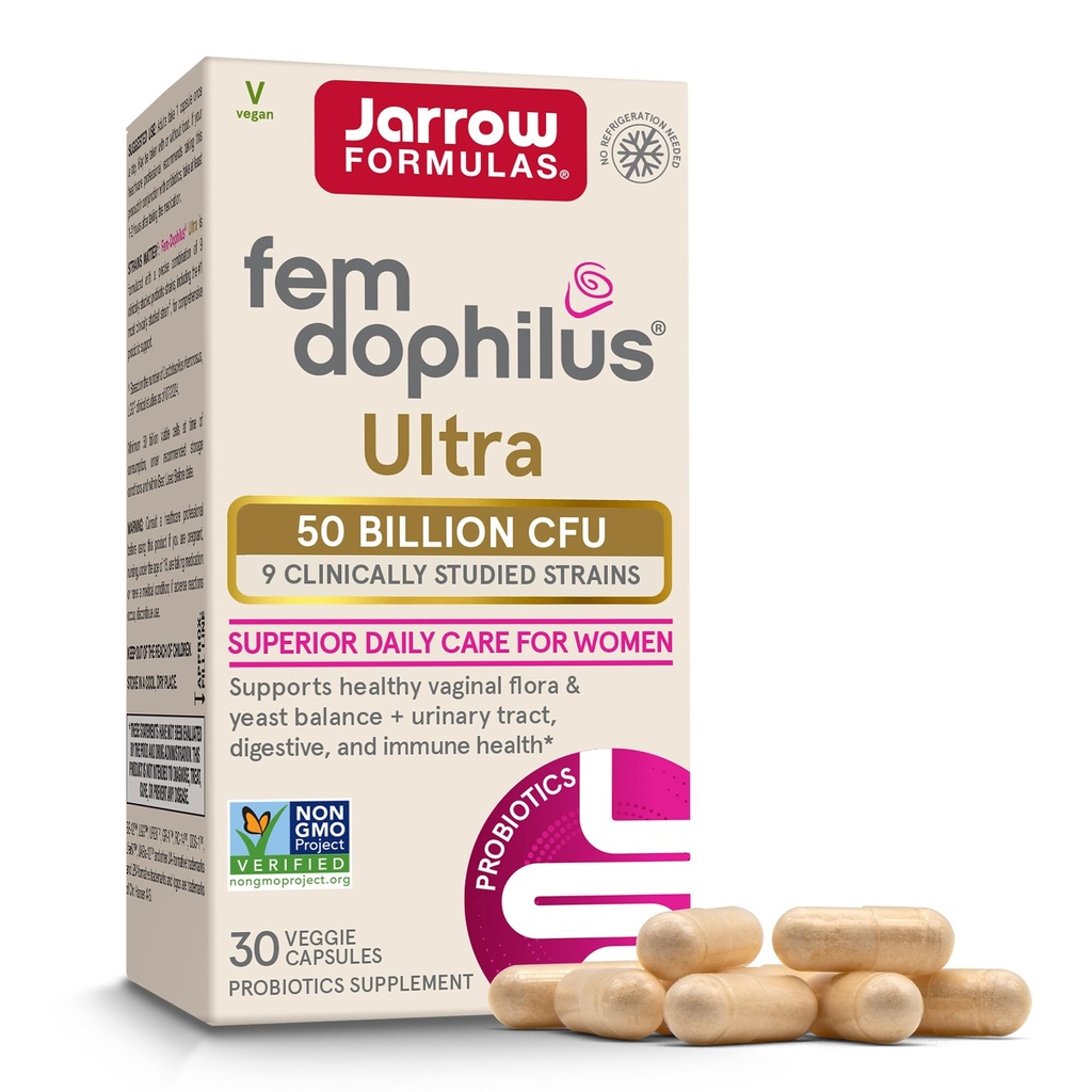 Formules de Jarrow Fem-Dophilus Vaginal et Probiotique Digestionnel 50 Million CFU, 9 souches étudiées cliniquement, pour la flore vaginale et l'équilibre des levures, le trac urinaire, le soutien digestif et immunitaire, 30 capsules