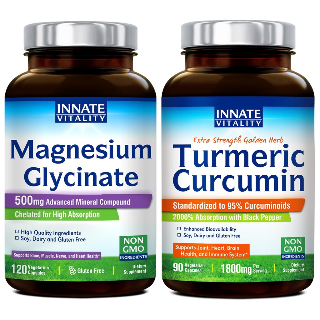 Vitalité innée Magnésium Glycinate & Turmeric Bundle, Haute Absorption, Hygiène articulaire, Muscle & Nerve, Extrait de poivre noir, Bundle & Save, 120 Capsules & 90 Capsule