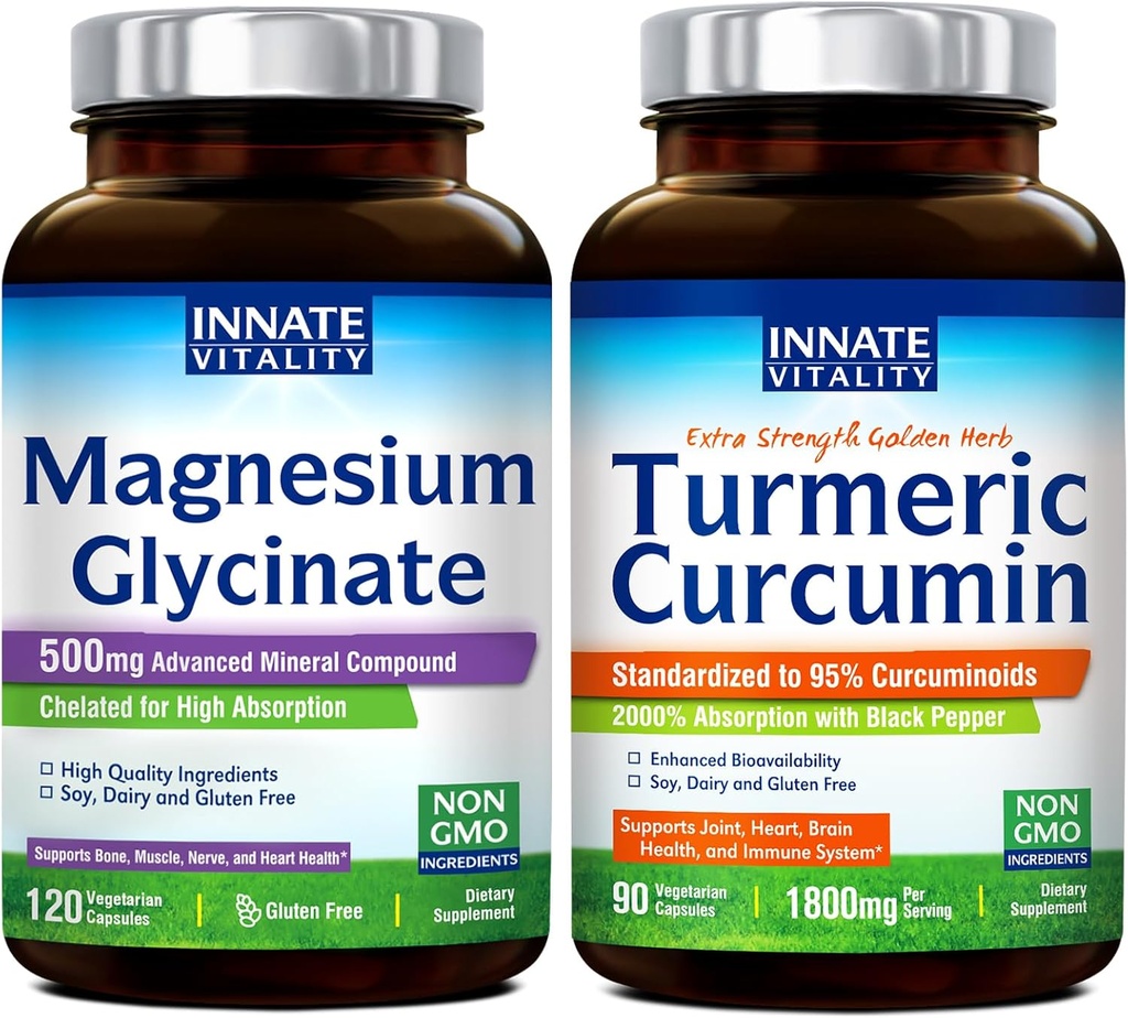 Vitalité innée Magnésium Glycinate & Turmeric Bundle, Haute Absorption, Hygiène articulaire, Muscle & Nerve, Extrait de poivre noir, Bundle & Save, 120 Capsules & 90 Capsule