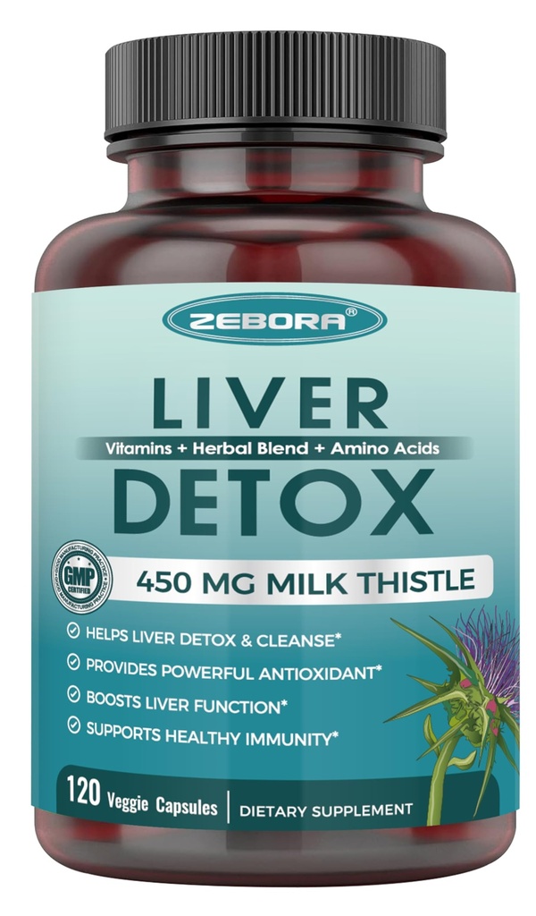 Supplément de chardon de lait pour nettoyer le foie Détox et réparation, supplément de foie avec 450 mg extrait de chardon de lait (80% Silymarin) pour le soutien du foie et la santé, sans OGM, 120 capsules de légumes (60 jours de supplément)