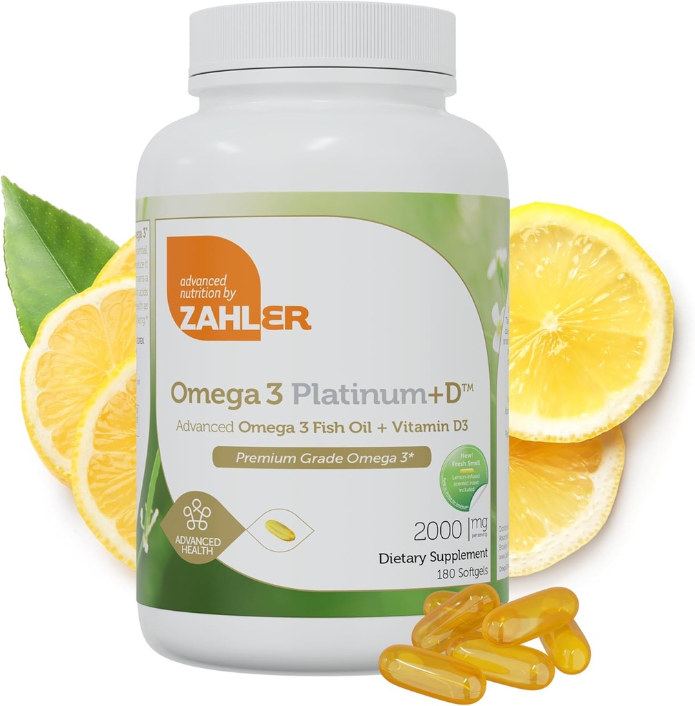 Zahler Omega 3 Platinum +D, Supplément d'huile de poisson pur tout naturel, Softgel sans Burpless sans arrière-goût de poisson, le plus élevé en EPA et DHA, Kosher certifié, 180 Softgels