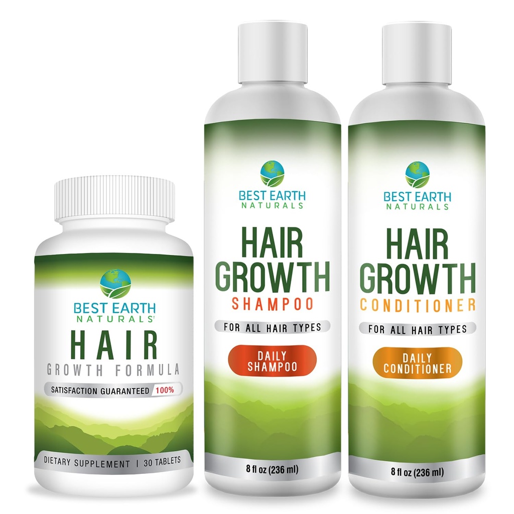 Set de démarrage de la croissance des cheveux Earth Naturals avec vitamines de croissance des cheveux, shampooing et revitalisant