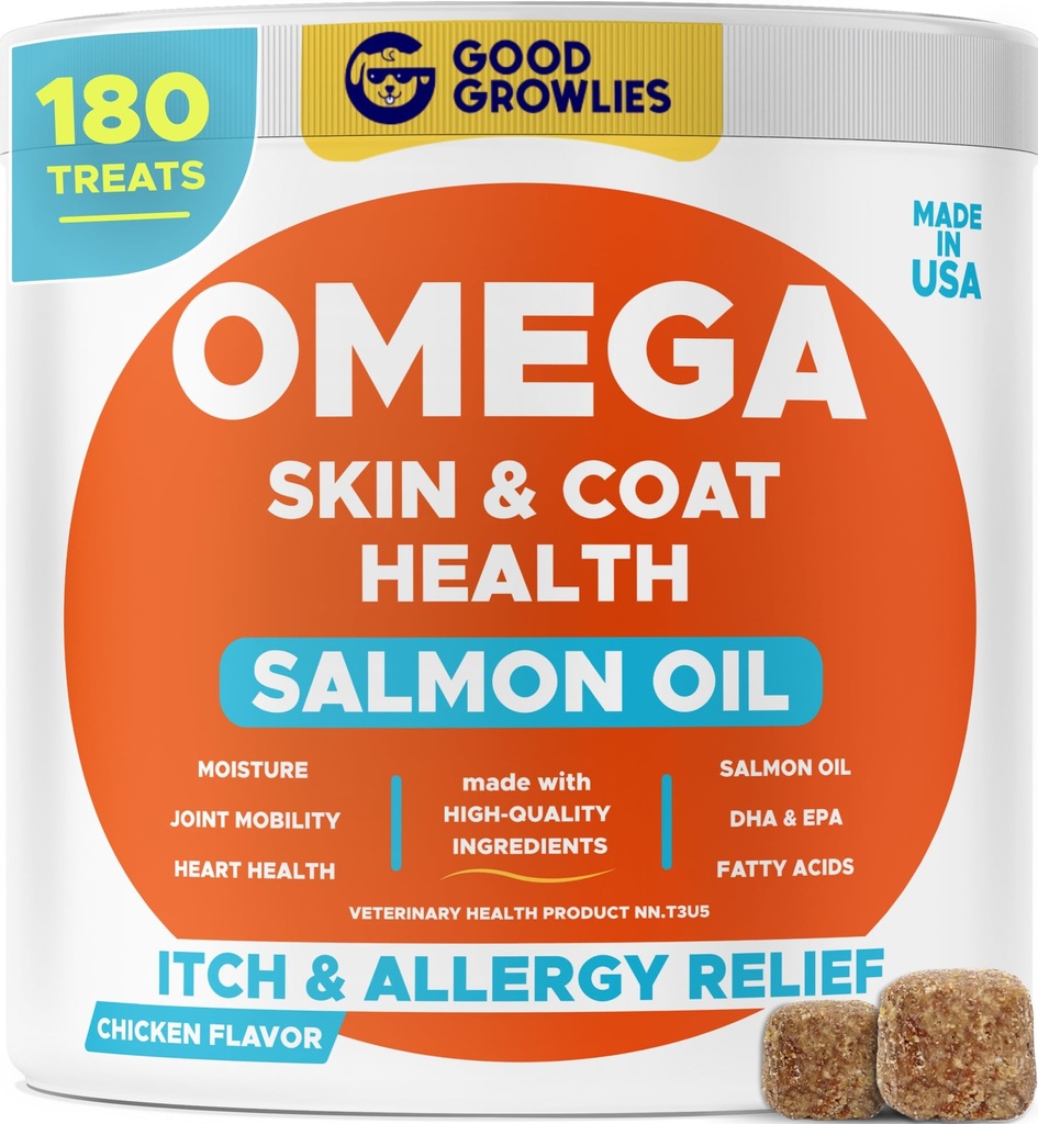 Omega 3 Huile de poisson pour chiens (180 Ct) - Peau et manteau Chews - Sec & Itchy Skin Relief + Allergy Support - Shiny Coats - EPA&DHA Acides gras - Huile de saumon naturel Chews favorise le soutien du coeur, de la hanche et des articulations