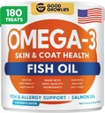 Omega 3 Huile de poisson pour chiens (180 Ct) - Peau et manteau Chews - Sec & Itchy Skin Relief + Allergy Support - Shiny Coats - EPA&DHA Acides gras - Huile de saumon naturel Chews favorise le soutien du coeur, de la hanche et des articulations