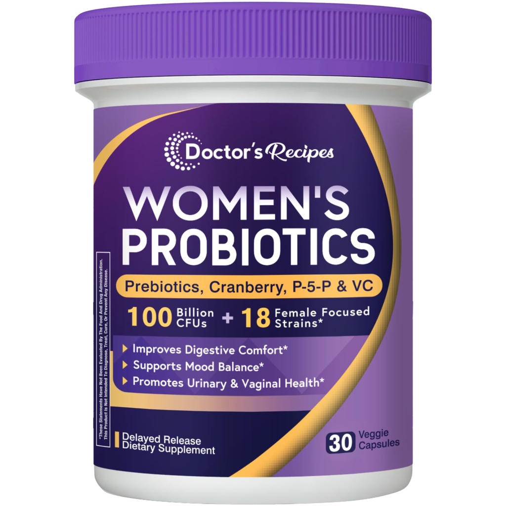 Recettes de médecin Probiotiques pour femmes, 100 milliards CFU, 18 souches probiotiques, prébiotiques, canneberge, P-5-P et VC, vaginal, soutien digestif et immunitaire, plateau-stable, 30 bouchons végétaliens
