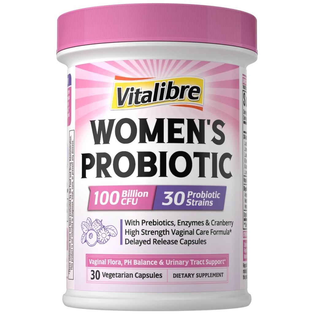 Probiotiques Vitalibre pour les femmes 30 souches, 100 milliards de CFU Probiotiques vaginaux avec enzymes digestives, prébiotiques et canneberges pour la santé du trac urinaire, équilibre du pH, 30 capsules de légumes