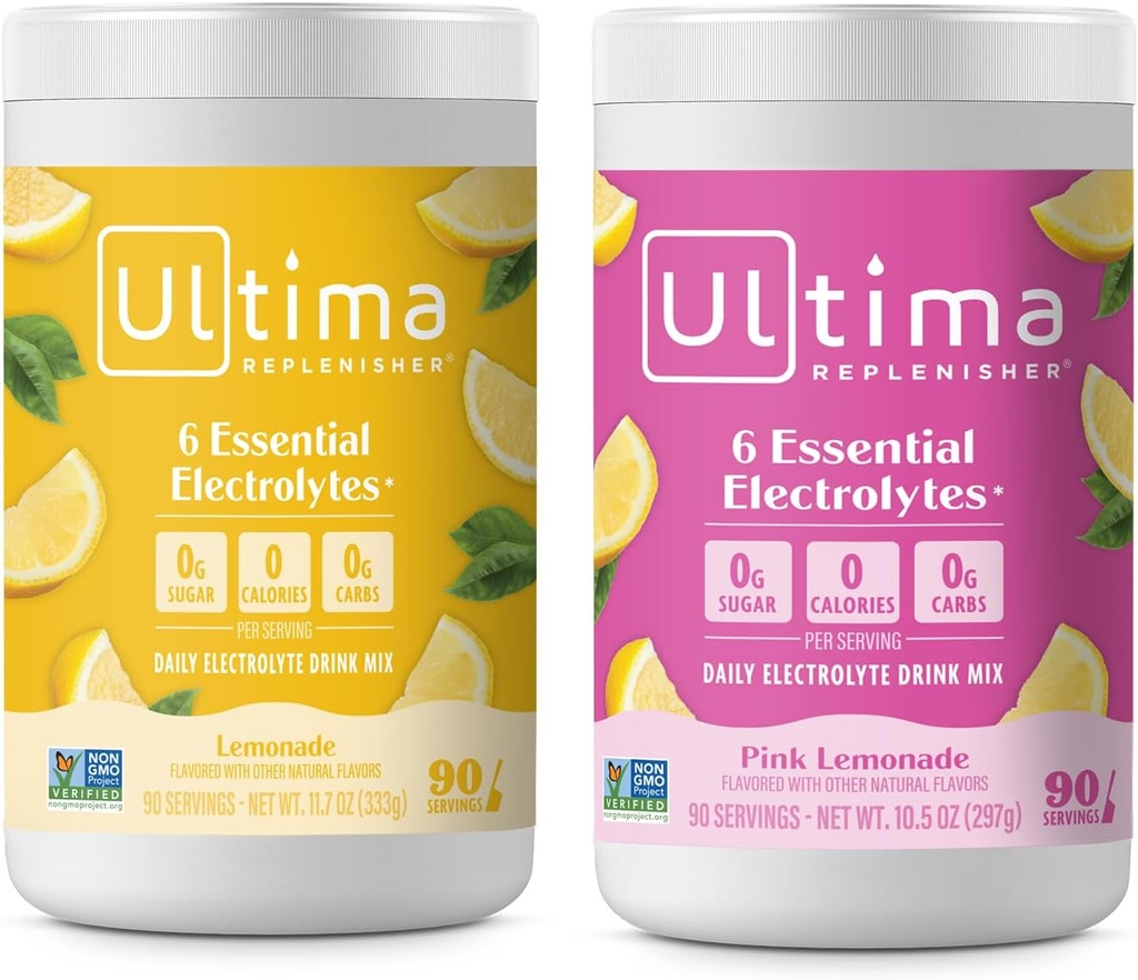 Ultima Replenisher Mélange de poudre d'électrolyte – Sans sucre – Cimonade et citronade rose, 90 portions – Poudre d'hydratation - 6 électrolytes clés et minéraux traces – Keto Friendly, Non-OGM