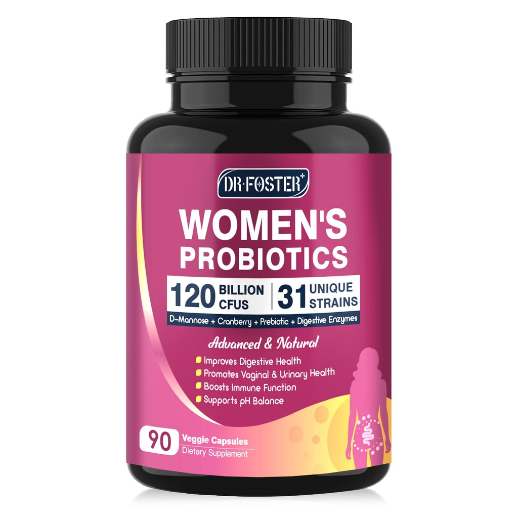 DRFOSTER Probiotiques pour les femmes santé digestive, probiotiques vaginaux 120 milliards CFU 31 souches avec enzymes digestives et prébiotiques et D mannose et canneberge pour voie urinaire, 90 capsules