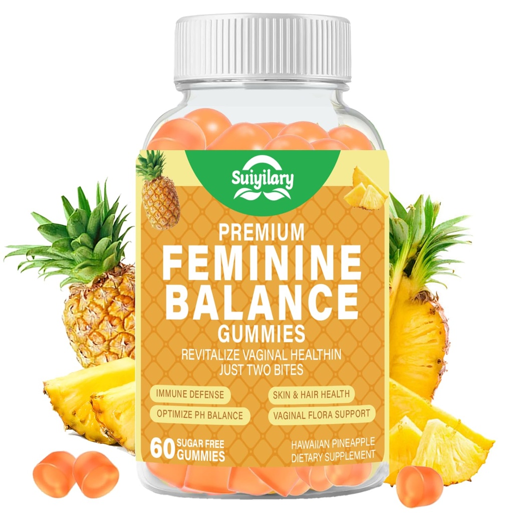 Suiyilary Feminine Probiotics Gummies, Vaginal Health & Women's pH Balance Gummy Supplement with Cranberry Pineapple Powder, Sugar Free Vegan, 60 Count (Pineapple)