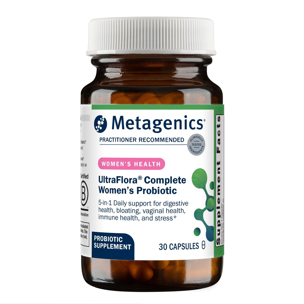 Métagène Probiotique complet pour femme UltraFlora - Formule multi-bénéfices Table 5-en-1 pour la santé digestive, immunitaire, vaginale, urogénitale et microbiome* - 30 capsules