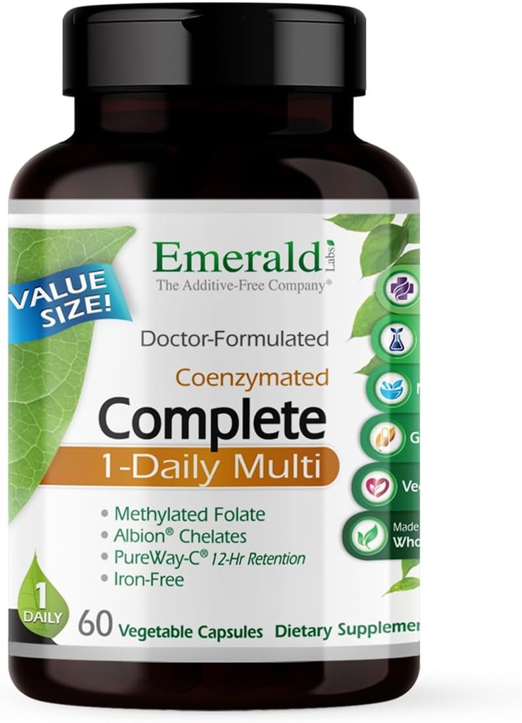 EMERALD LABS Complete 1-Daily Multi - Multivitamine complète pour les hommes et les femmes avec vitamine C, folate méthylé, mélange alimentaire entier et plus pour le soutien immunitaire, santé osseuse et plus* - 60 capsules végétales
