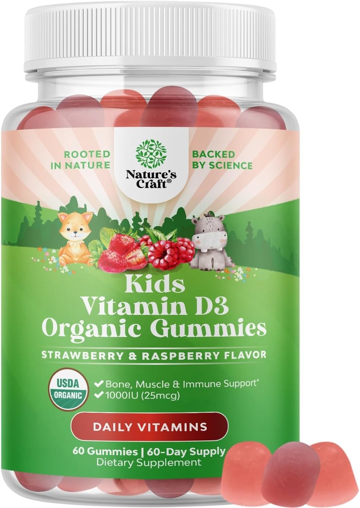 Natures Craft Organic Vitamine D Gummies for Kids - Vegan Kids Immunity Support Gummies with Vitamine D for Daily Teeth Muscle & Bone Support - Organic D3 Non OGM & sans gluten 2 mois