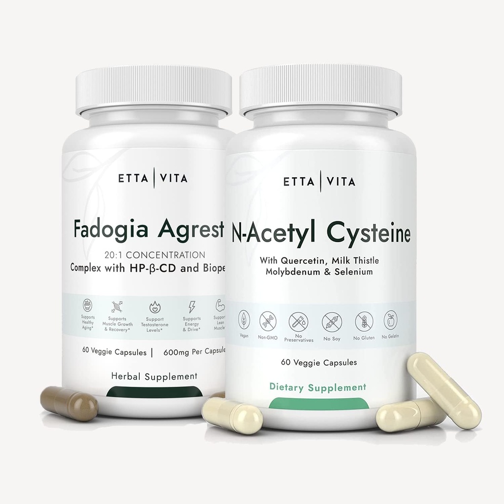Etta Vita Fadogia Agrestis 600mg + N-acétyl Cysteine 600mg Bundle, 3X Absorbance avec BioPerine et HP-β- CD dans Fadogia Agrestis, supplément NAC avec Quercetine, Thistle de lait, Molybdène et Sélénium
