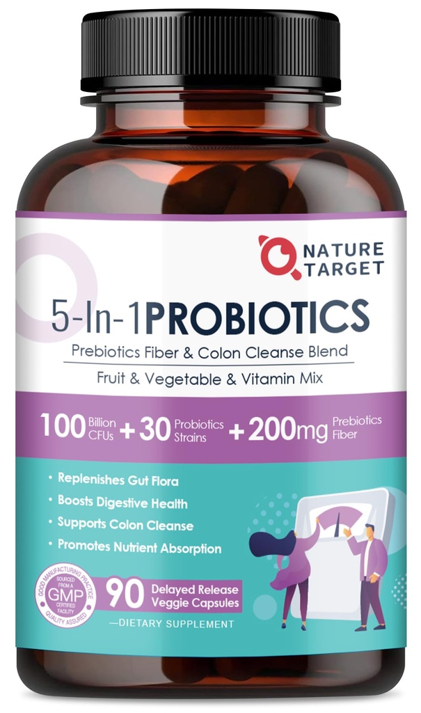 NATURE TARGET Probiotiques pour la santé digestive des femmes-hommes, les hommes-femmes probiotiques avec les prébiotiques, 100 milliards pour la santé Gut et immunitaire, pas de réfrigération, 90 capsules de légumes (45 jours d'approvisionnement)