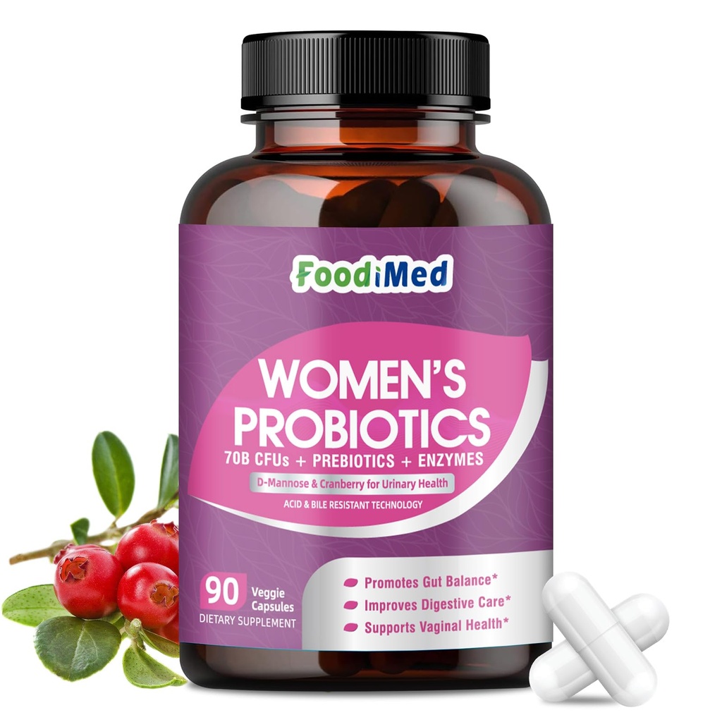 Probiotiques pour les femmes santé digestive, 70 milliards UFC femmes probiotiques avec enzymes digestives et prébiotiques et canneberge pour Gut, immunitaire et urine bilan de tract, libération retardée, 90 capsules de légumes