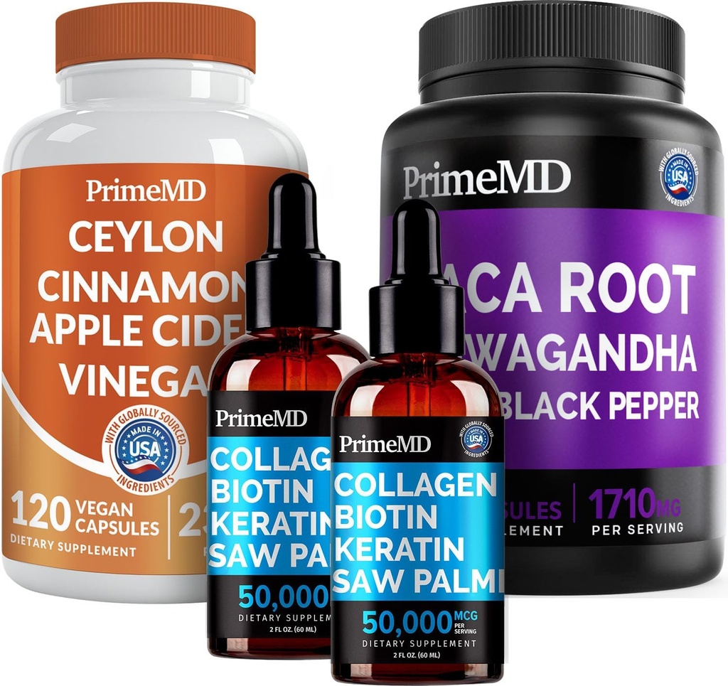 5-en-1 Ceylan Cinnamon (120ct), 4-en-1 Biotin Collagen Keratin Saw Palmetto (2 fl oz - 2 Pack) et 6-en-1 Maca Root Ashwagandha (120ct) Bundle - Énergie, humeur, cheveux, peau et supplément de soutien immunitaire