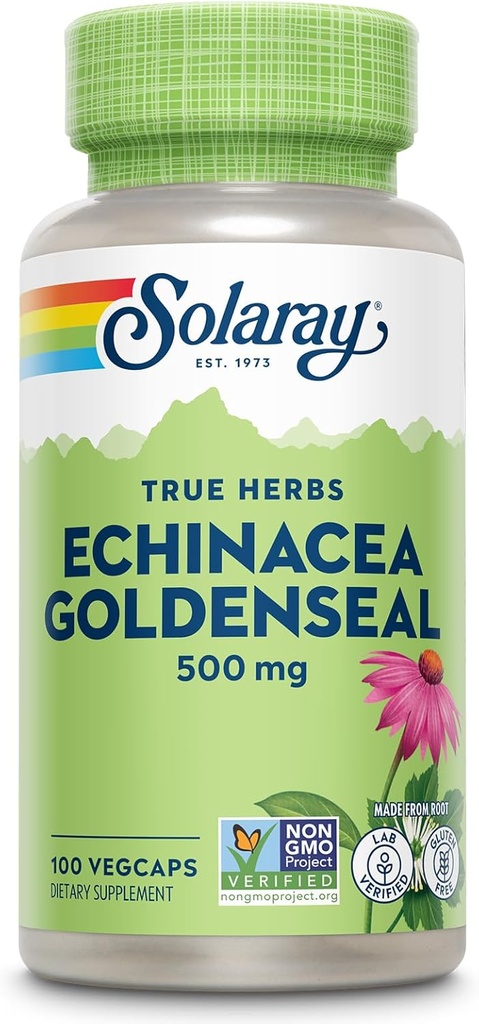 SOLARAY Echinacea Goldenseal - Mélange puissant de deux suppléments à base de plantes pour le bien-être - 250mg Ea Echinacea Racine et Goldenseal Racine - Non OGM, végétalien, sans gluten, garantie de 60 jours, 100 portions