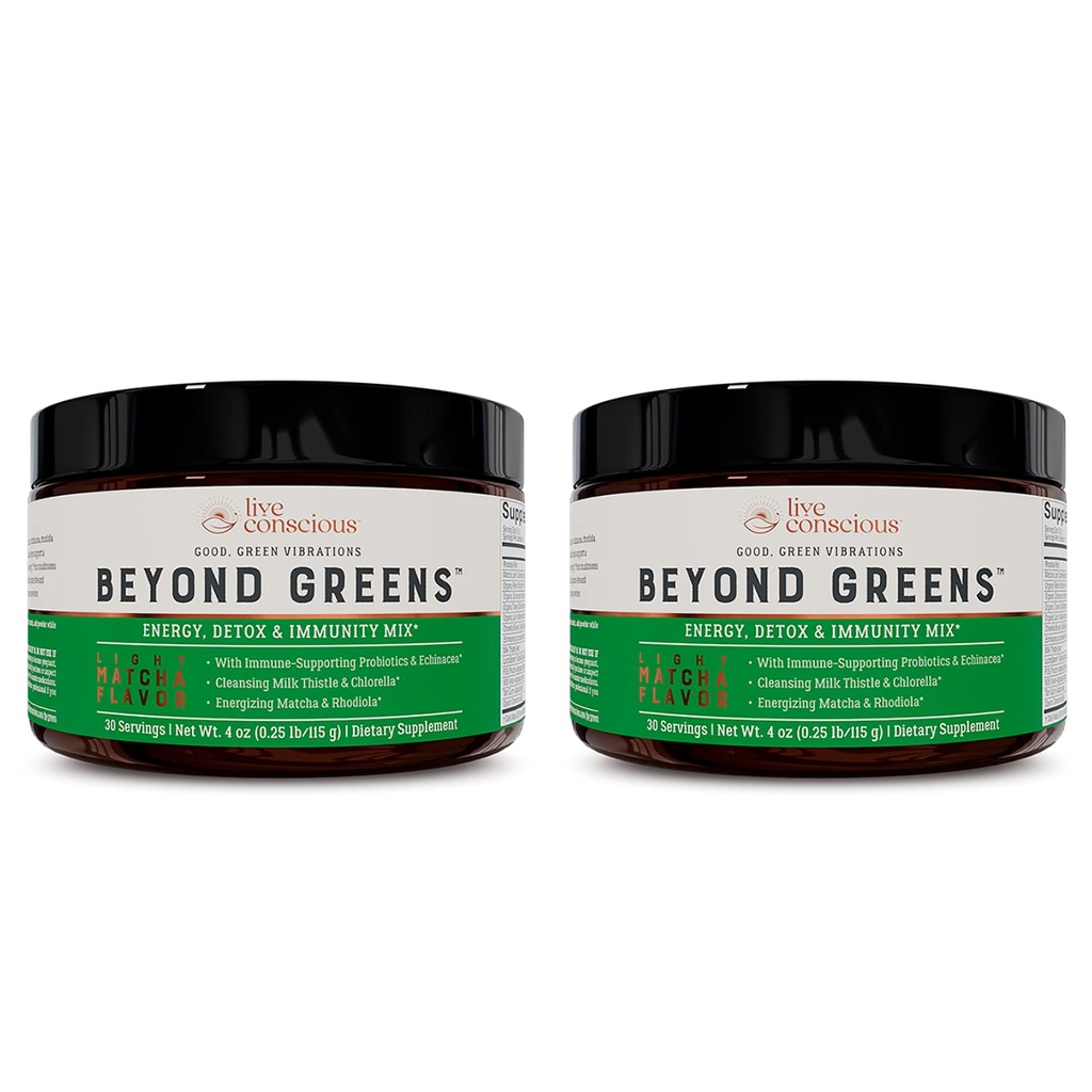 Live Conscient Beyond Greens Concentrated Superfood Powder - Matcha Flavor w/Chlorella, Echinacea, Probiotiques pour le soutien immunitaire et l'énergie - 30 portions (2-Pack)